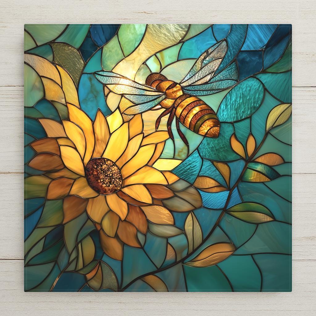 Stained glass style artwork of a honey bee flying over a bright yellow sunflower with teal blue background and botanical leaves in an art nouveau mosaic pattern.