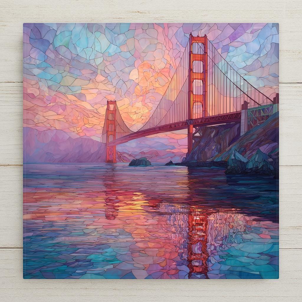 Golden Gate Bridge wall art in stained glass style, glowing with jewel-tone sunset colors. A striking San Francisco landmark print perfect for gifts, home décor, or travel lovers. Optional cork backing, easel stand, or premium satin-finish frame available for versatile display. Handcrafted in the USA and shipped with care.