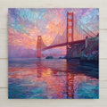 Golden Gate Bridge wall art in stained glass style, glowing with jewel-tone sunset colors. A striking San Francisco landmark print perfect for gifts, home décor, or travel lovers. Optional cork backing, easel stand, or premium satin-finish frame available for versatile display. Handcrafted in the USA and shipped with care.