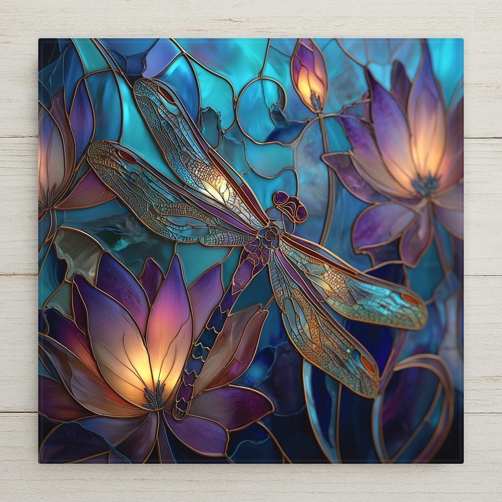 stained glass style dragonfly with glowing lotus flowers in teal and purple tones