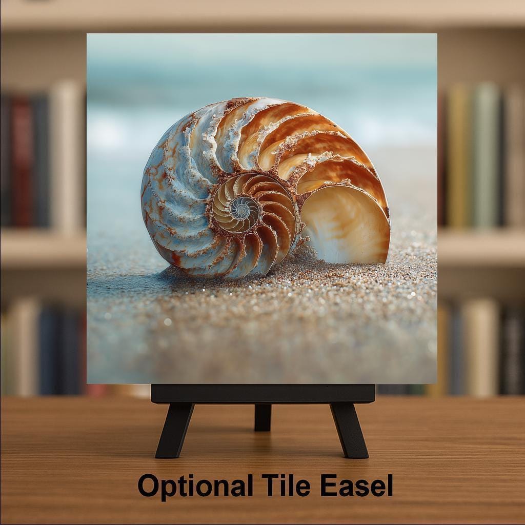 Seashell Coastal Wall Art Ceramic Tile – Nautilus Shell Beach Scene, Nature Inspired Home Decor