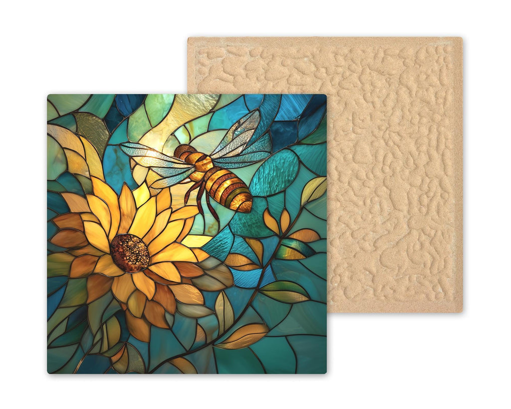 Bee Ceramic Art Tile – Sunflower Pollinator Wall Decor, Garden Kitchen Nature Lover Gift