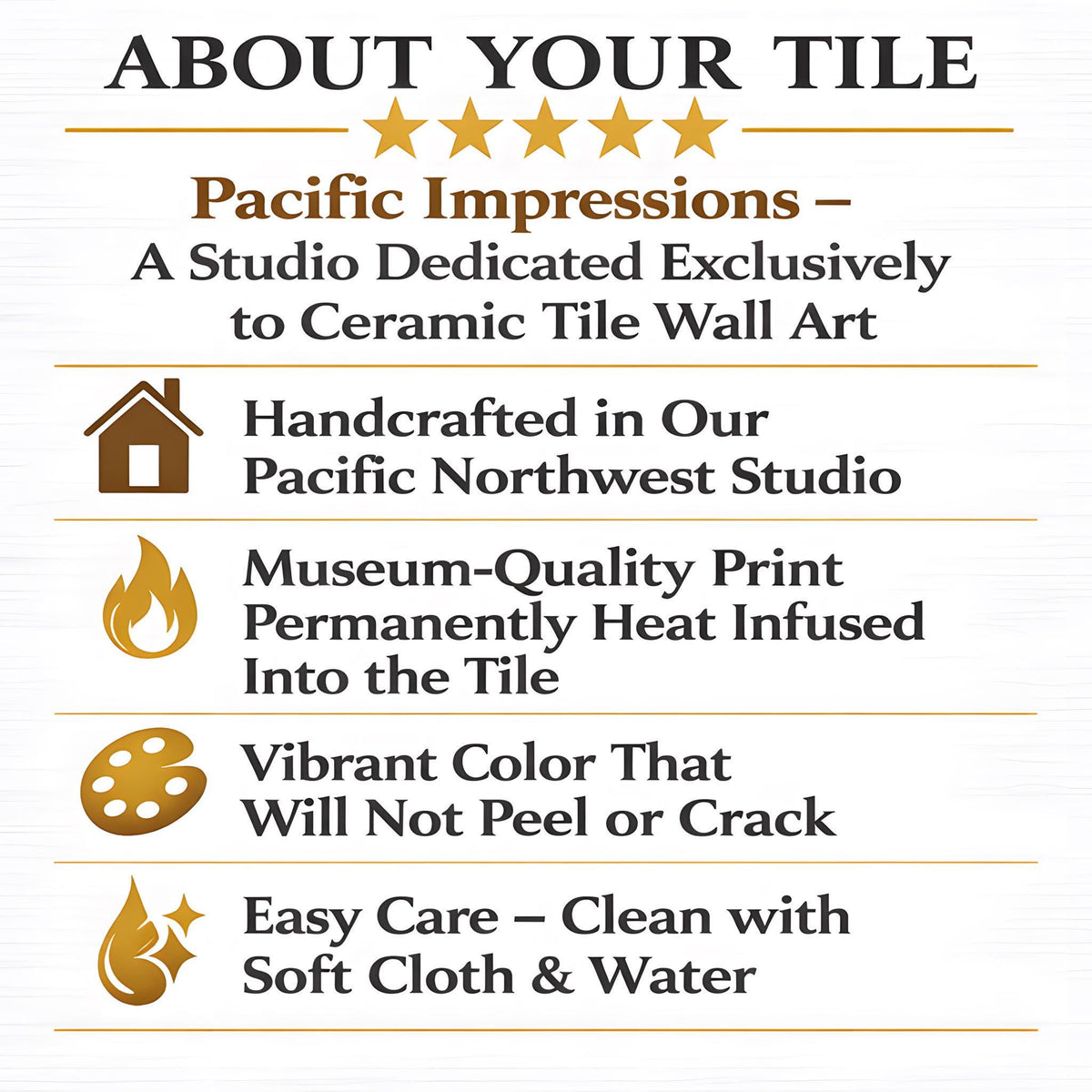 The image is a promotional poster for Pacific Impressions, a studio dedicated exclusively to ceramic tile wall art. It features five key points about the studio's offerings, including handmade ceramic tiles, a permanent heat-infused design, vibrant color, easy care, and the use of soft cloth and water for cleaning.