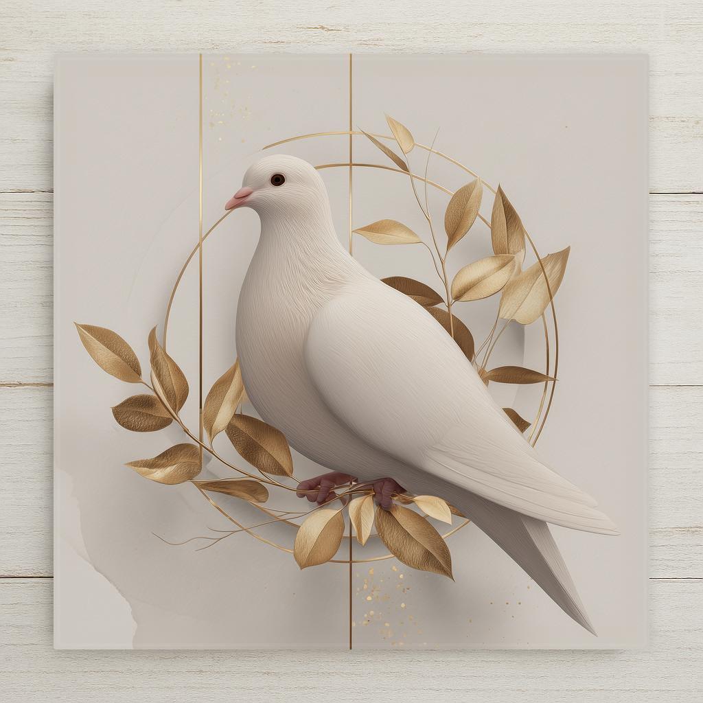 A peaceful modern white dove ceramic tile featuring soft gold botanical accents. Perfect for spiritual spaces, minimalist decor, and meaningful gifts. Permanently printed artwork (not gold foil). Optional tile wall hanger, easel tile stand, cork backing, or premium frame available.