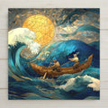 Stained glass style ocean fishermen ceramic tile with weathered fishing boat and nets at sunrise, deep cobalt and teal ocean waters and warm gold amber morning light, a vivid nautical and fishing lover wall art gift.