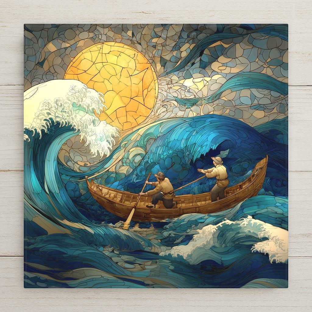 Stained glass style ocean fishermen ceramic tile with weathered fishing boat and nets at sunrise, deep cobalt and teal ocean waters and warm gold amber morning light, a vivid nautical and fishing lover wall art gift.
