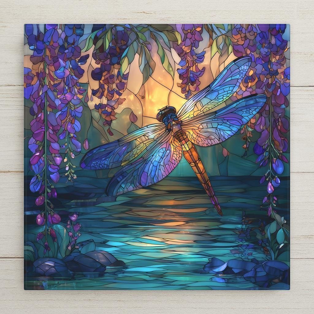 Stained glass style ceramic tile of a glowing dragonfly over a teal pond with wisteria flowers at sunset.