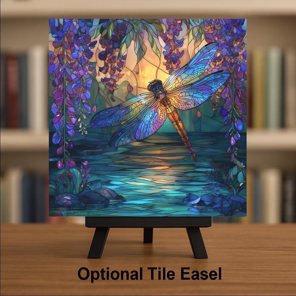 Dragonfly Ceramic Tile Wall Art – Stained Glass Style Nature Decor Floral Garden Home Decor Enchanted Pond Artwork Gift for Dragonfly Lovers