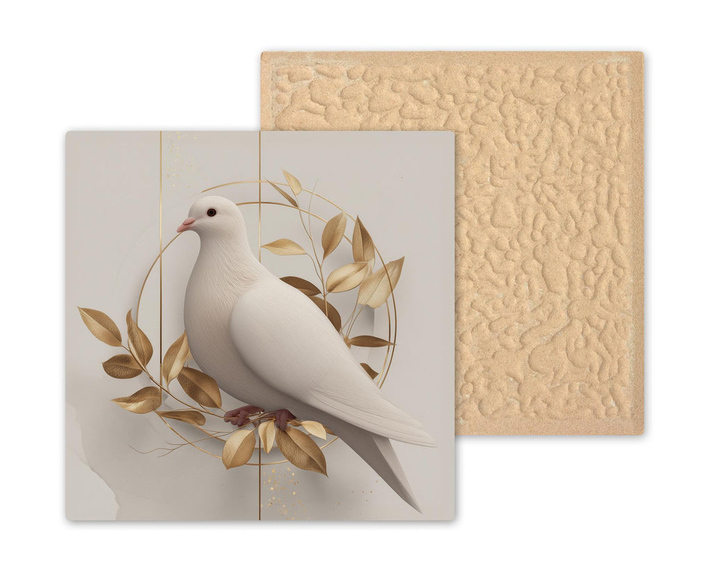 White Dove Wall Art Ceramic Tile Spiritual Gift Peace Decor Minimalist Gold Leaf Art Faith Nature