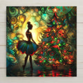 Stained glass–style ceramic tile featuring a ballerina beside a glowing Christmas tree. While it may look like stained glass or mosaic, this is a permanent print on tile. Printed with premium inks for lasting color. Optional add-ons include a tile wall hanger, easel tile stand, or cork backing. Perfect for Nutcracker fans, dancers, and holiday décor.
