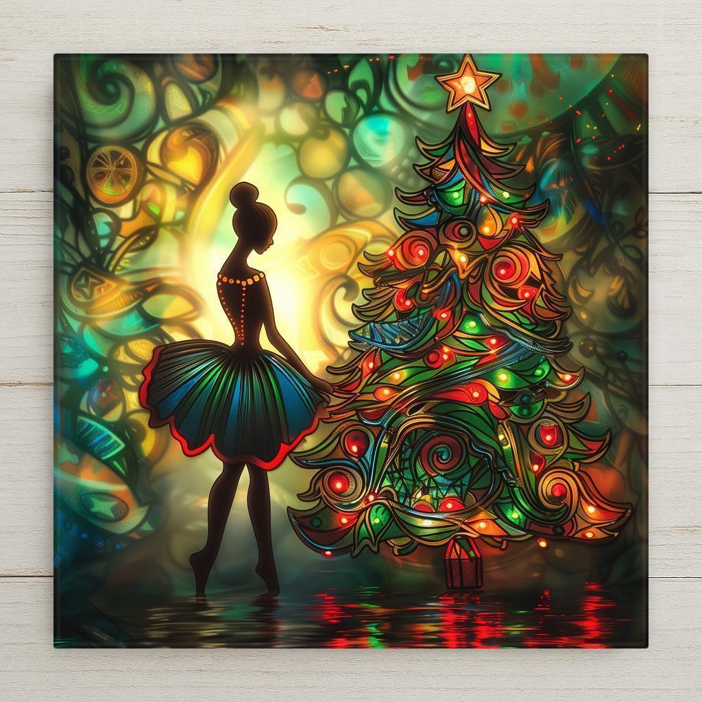 Stained glass–style ceramic tile featuring a ballerina beside a glowing Christmas tree. While it may look like stained glass or mosaic, this is a permanent print on tile. Printed with premium inks for lasting color. Optional add-ons include a tile wall hanger, easel tile stand, or cork backing. Perfect for Nutcracker fans, dancers, and holiday décor.