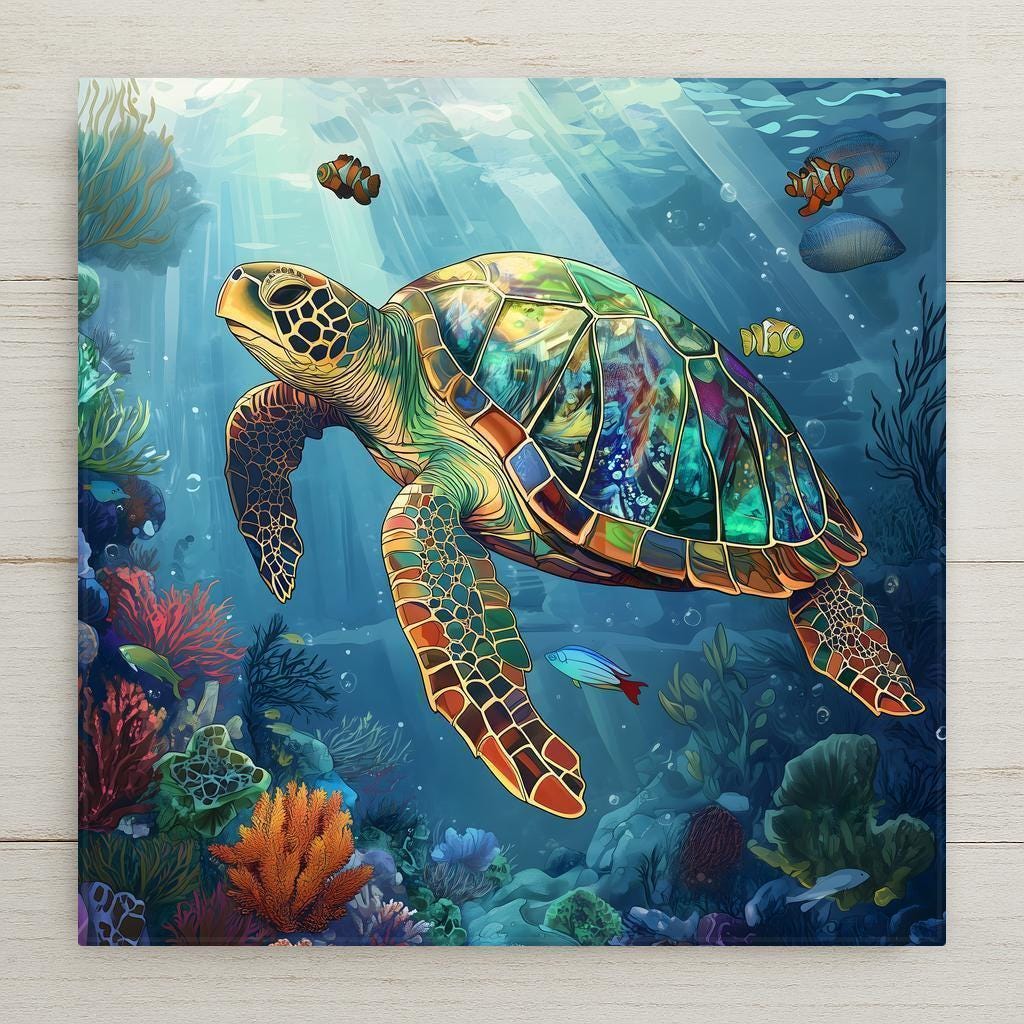 Add a touch of coastal charm to your space with this stunning Sea Turtle Ceramic Tile Art. Perfect for wildlife lovers, this Art Deco piece is ideal for Ocean Coastal Decor. Display it on your wall or use it as a trivet or coaster - a versatile addition to your Beach House Art collection. Dive into Nautical vibes with this unique Ceramic Wall Decor!