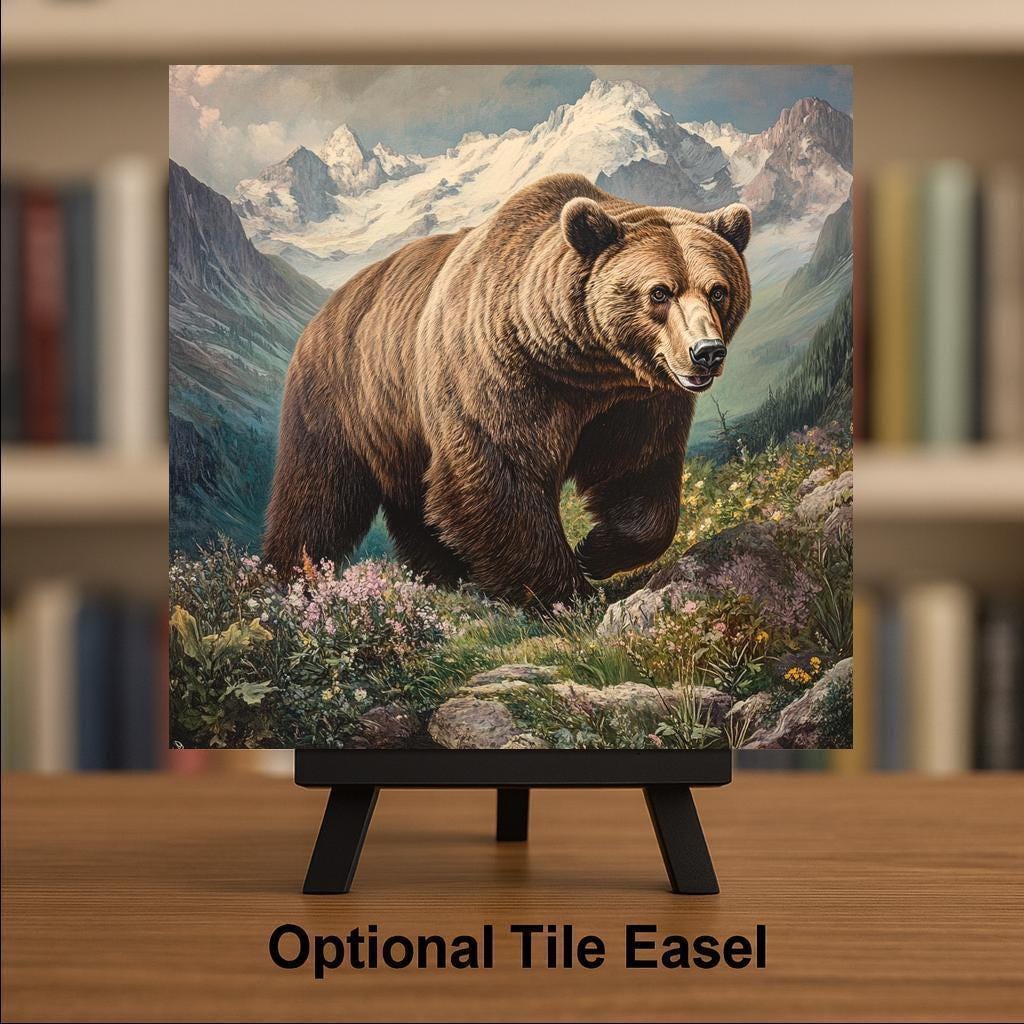 Grizzly Bear Wall Art Ceramic Tile Wildlife Gift Vintage Naturalist Decor Wilderness Art Bear Lover Gift Tile