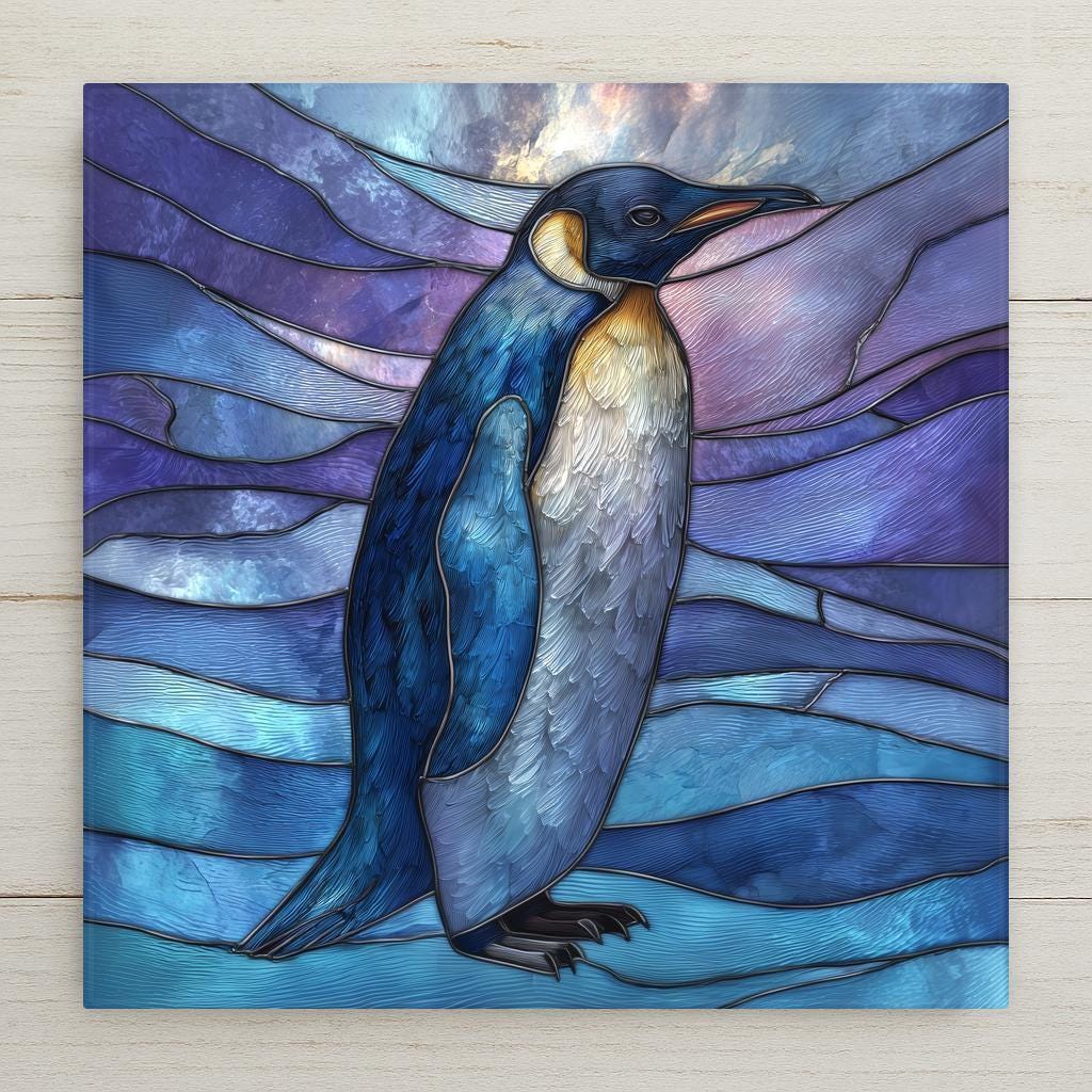 Stained glass–style penguin ceramic tile wall art in calming ocean blues. A symbolic wildlife design printed on ceramic tile, perfect for coastal wall decor or meaningful home decor. Features flowing glass-like details with a permanent print finish. Optional tile wall hanger, easel tile stand, cork backing, or premium frame option available.