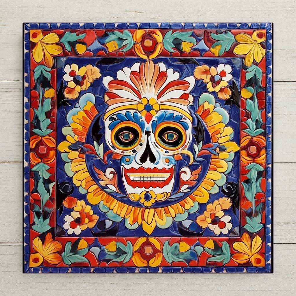 Hand-painted Talavera style ceramic art tile of a colorful Day of the Dead sugar skull surrounded by dense Mexican folk art florals in cobalt blue, red, gold, and green — a Dia de los Muertos decoration.