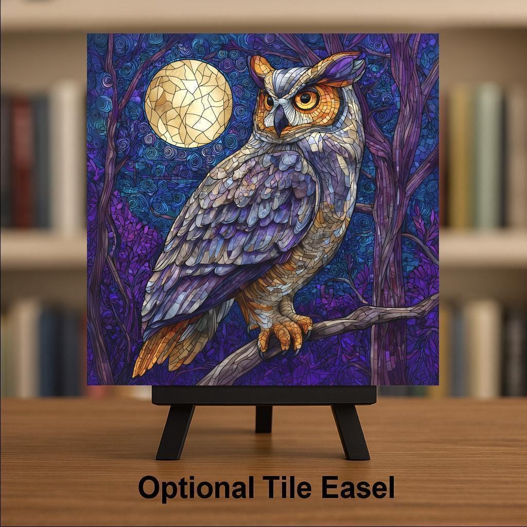 Moonlit Forest Owl Wall Art Ceramic Tile Purple Wildlife Gift Forest Decor Owl Lover Art Moonlit Gift Tile