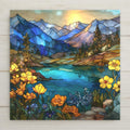 Glacier National Park stained glass-style ceramic tile featuring wildflowers and mountain reflections. Beautiful wall art for home decor. Optional tile wall hanger, tile stand, cork backing, and premium frame available. Permanent print on tile, not real stained glass or mosaic.