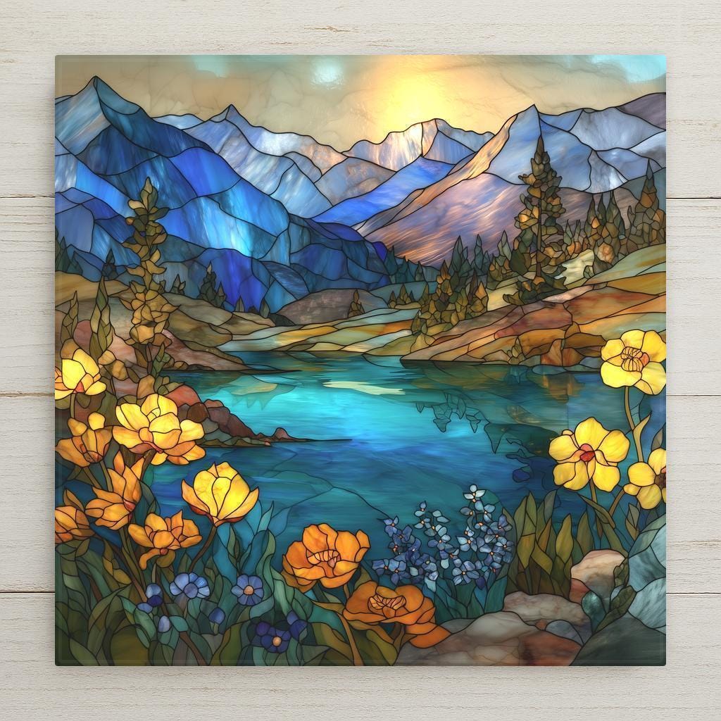 Glacier National Park stained glass-style ceramic tile featuring wildflowers and mountain reflections. Beautiful wall art for home decor. Optional tile wall hanger, tile stand, cork backing, and premium frame available. Permanent print on tile, not real stained glass or mosaic.