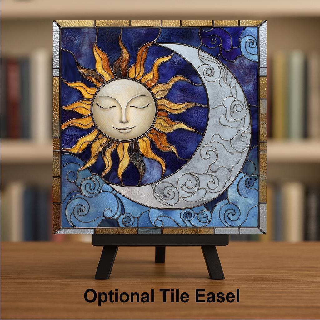 Sun and Moon Wall Art Ceramic Tile Stained Glass Style Celestial Gift for Her Night Sky Nature Decor Art