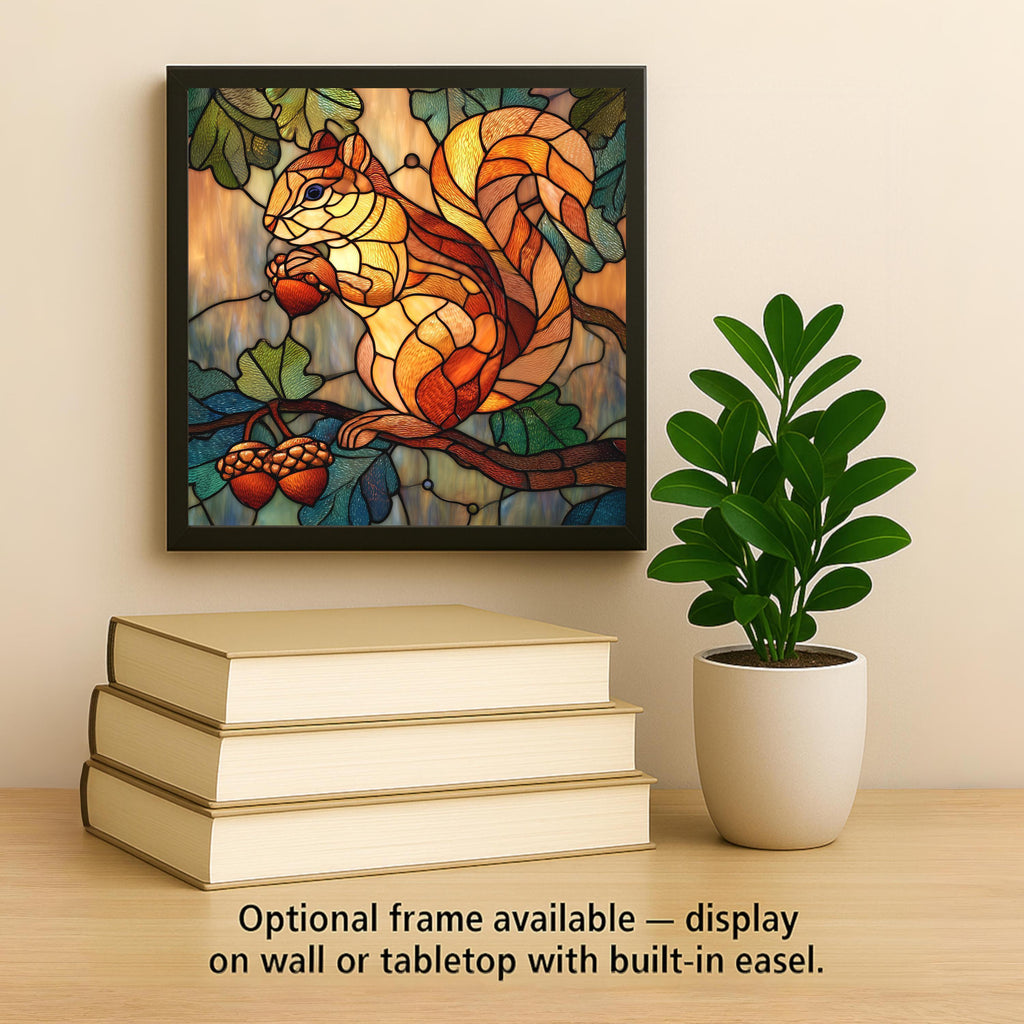 Squirrel Wall Art Ceramic Tile Stained Glass Style Woodland Autumn Forest Nature Home Decor Gift
