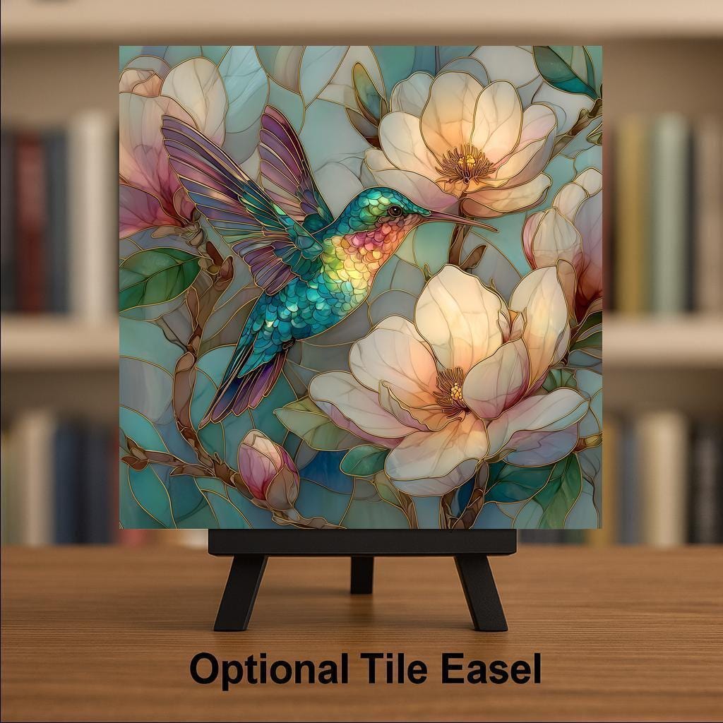 Hummingbird Stained Glass Style Ceramic Art Tile – Magnolia Botanical Wall Decor, Garden Bird Lover Gift