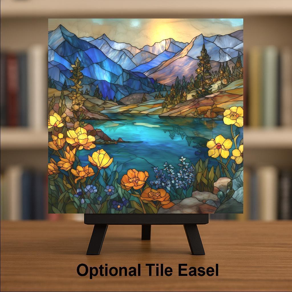 Glacier National Park Wall Art Ceramic Tile Stained Glass Style Mountain Lake Landscape Nature Decor Home