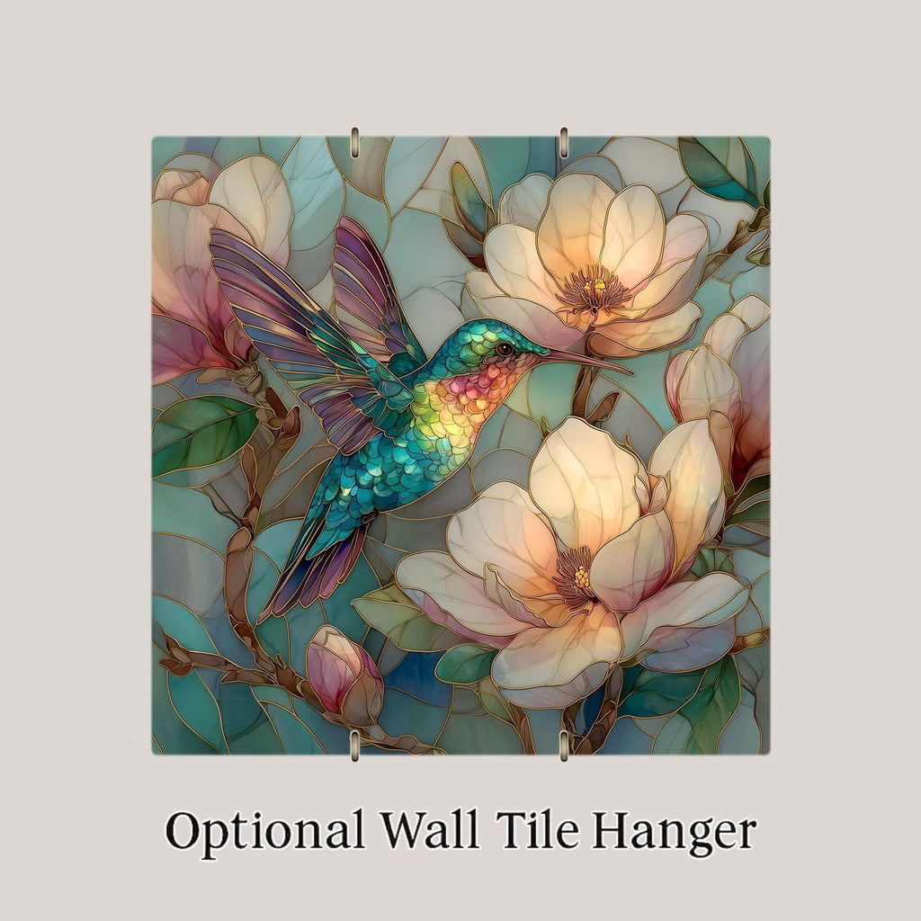 Hummingbird Stained Glass Style Ceramic Art Tile – Magnolia Botanical Wall Decor, Garden Bird Lover Gift