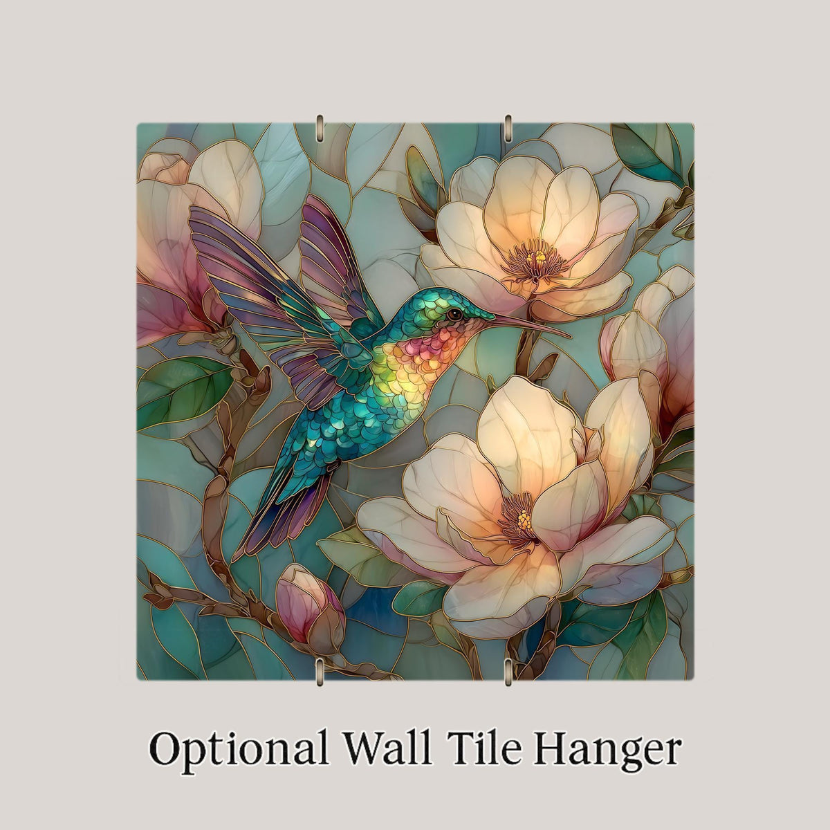 Hummingbird Stained Glass Style Ceramic Art Tile – Magnolia Botanical Wall Decor, Garden Bird Lover Gift