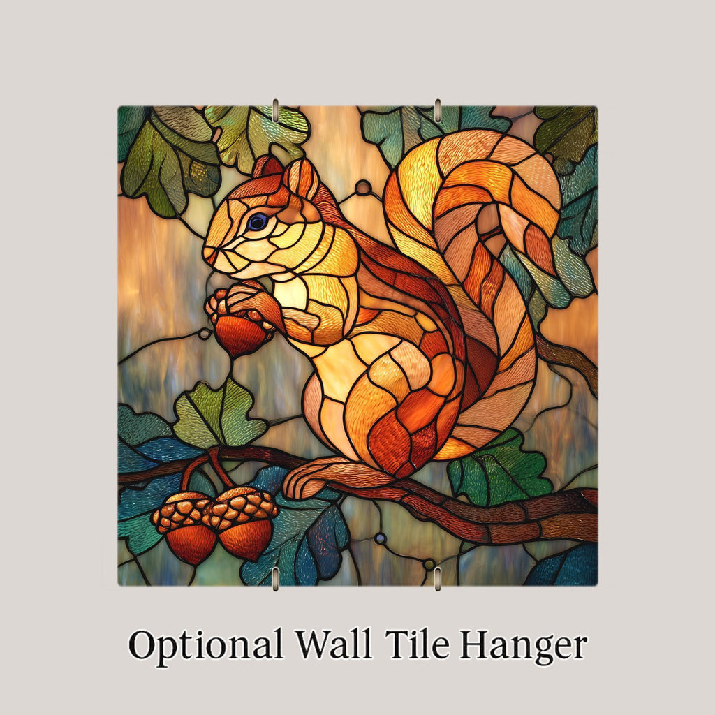 Squirrel Wall Art Ceramic Tile Stained Glass Style Woodland Autumn Forest Nature Home Decor Gift