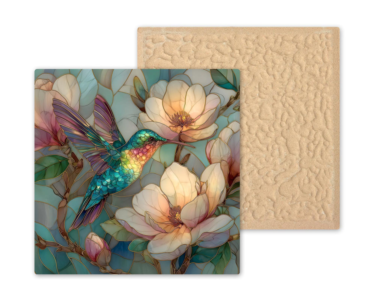 Hummingbird Stained Glass Style Ceramic Art Tile – Magnolia Botanical Wall Decor, Garden Bird Lover Gift