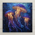Glowing stained-glass style jellyfish ceramic tile with deep ocean blues and radiant light effects. Perfect coastal wall decor and a beautiful sea-themed gift.