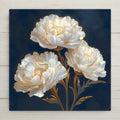 Three ivory white carnations with soft golden edges in stained glass style against a deep navy blue background, ceramic tile wall art.