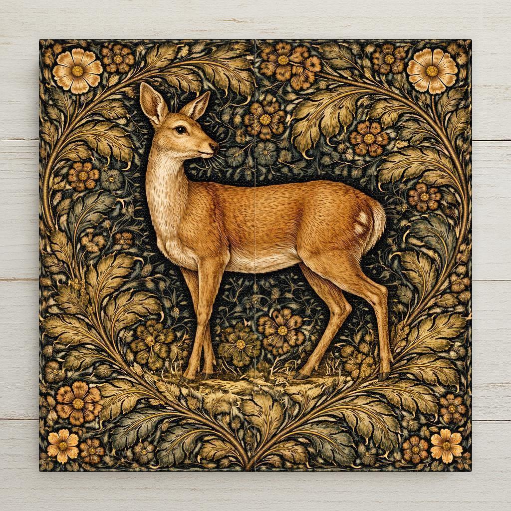 Roe deer woodland wall art ceramic tile in William Morris botanical style with moss green and antique gold foliage. Rustic farmhouse and cabin forest animal decor.