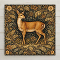 Roe deer woodland wall art ceramic tile in William Morris botanical style with moss green and antique gold foliage. Rustic farmhouse and cabin forest animal decor.