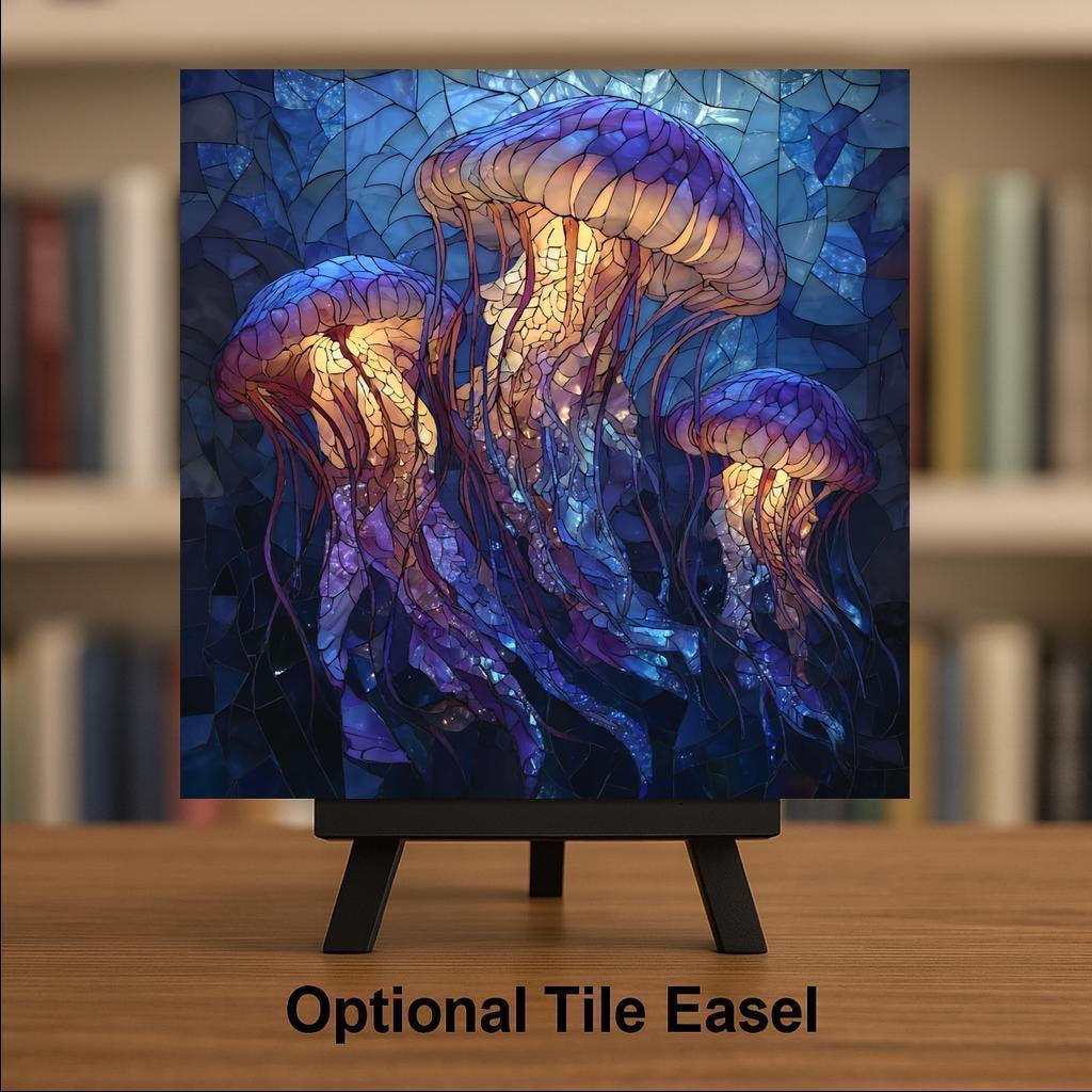 Jellyfish Ceramic Art Tile – Stained Glass Style Ocean Wall Decor, Coastal Beach House Sea Life Gift
