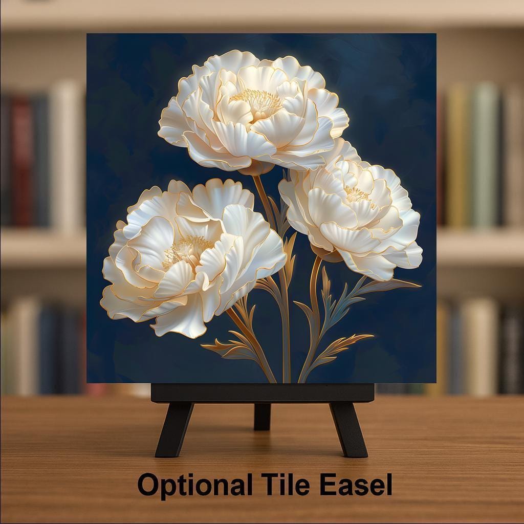 White Carnation Wall Art Ceramic Tile Stained Glass Style Ivory Floral Decor Elegant Blue Botanical Home Gift Tile