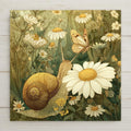 Vintage botanical illustration ceramic art tile of a snail and butterfly among white daisies and wildflowers in a soft sage green meadow, cottagecore pressed flower style nature decor.