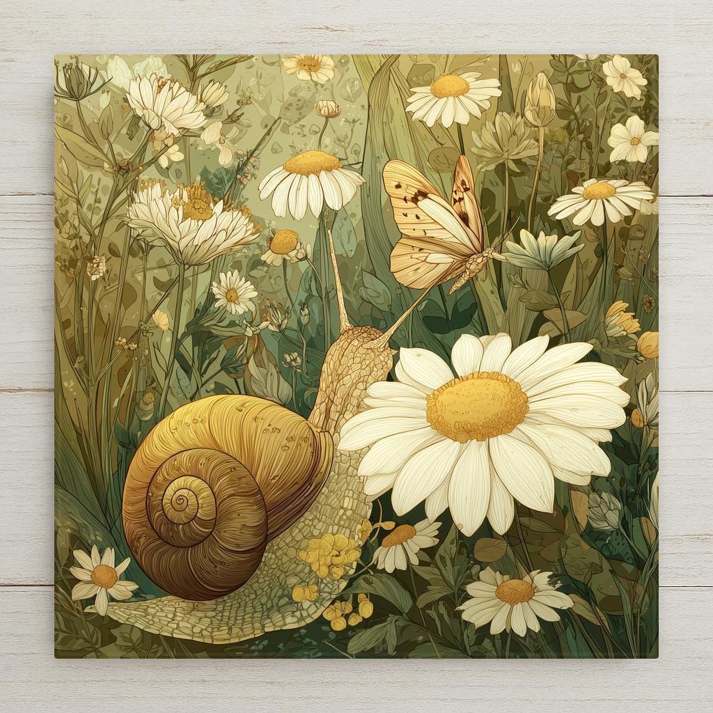 Vintage botanical illustration ceramic art tile of a snail and butterfly among white daisies and wildflowers in a soft sage green meadow, cottagecore pressed flower style nature decor.