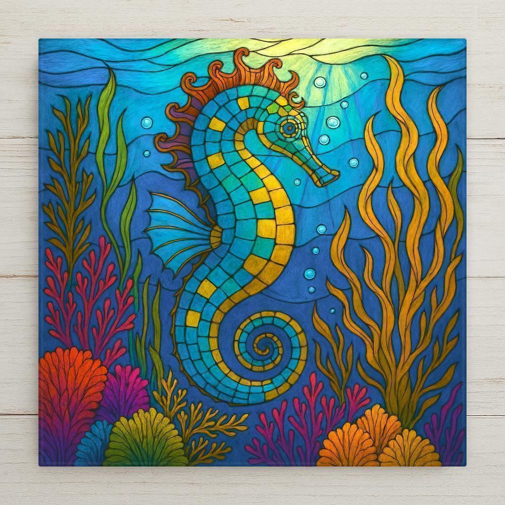 Colorful seahorse ceramic tile art with mosaic ocean design. Bright sea life wall décor perfect for beach homes, coastal lovers, or home decor ocean gifts.
