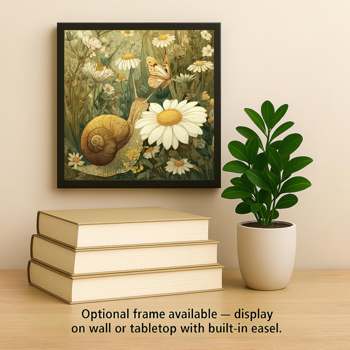 Snail and Daisy Ceramic Art Tile – Pressed Flower Sage Green Wall Decor, Cottagecore Botanical Accent