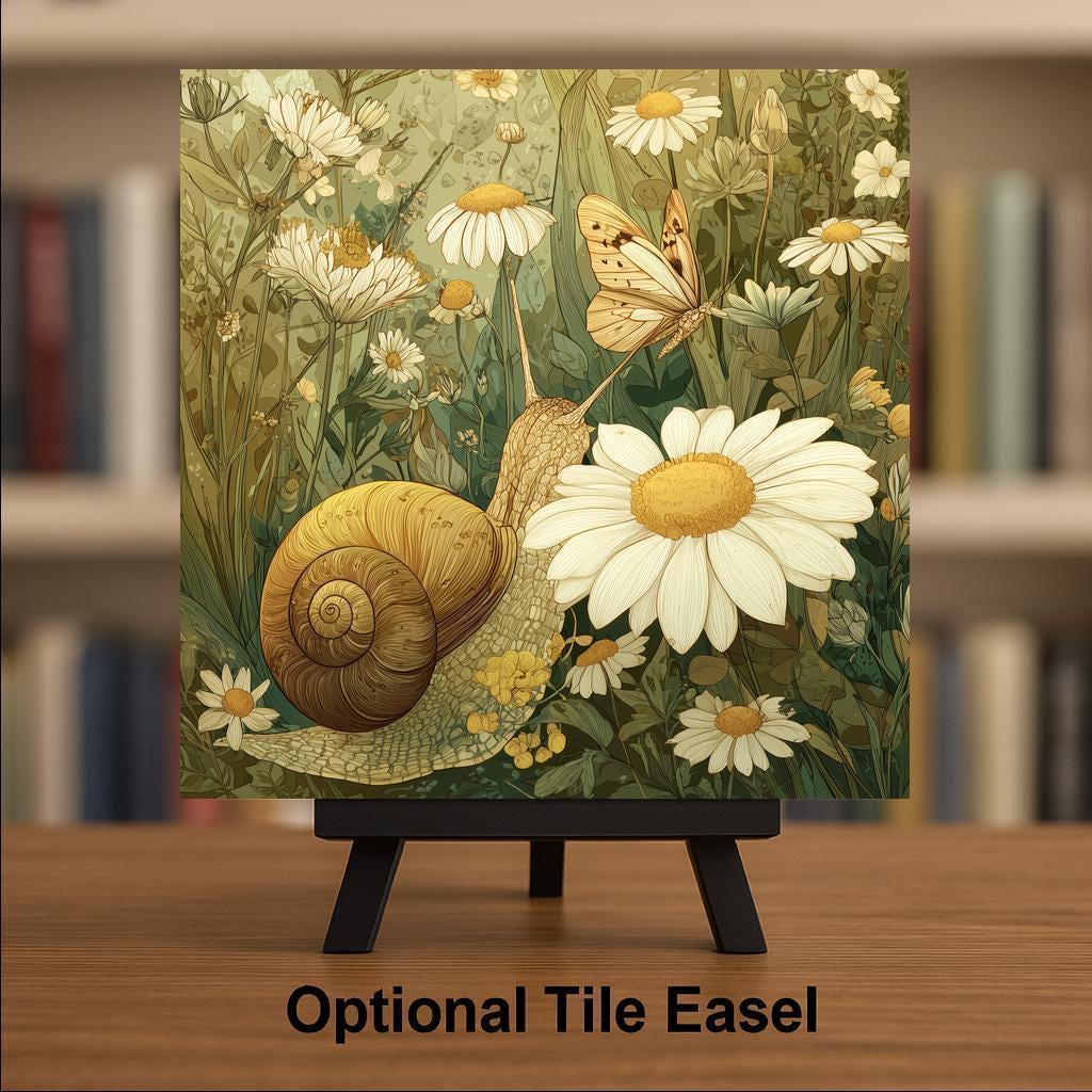 Snail and Daisy Ceramic Art Tile – Pressed Flower Sage Green Wall Decor, Cottagecore Botanical Accent
