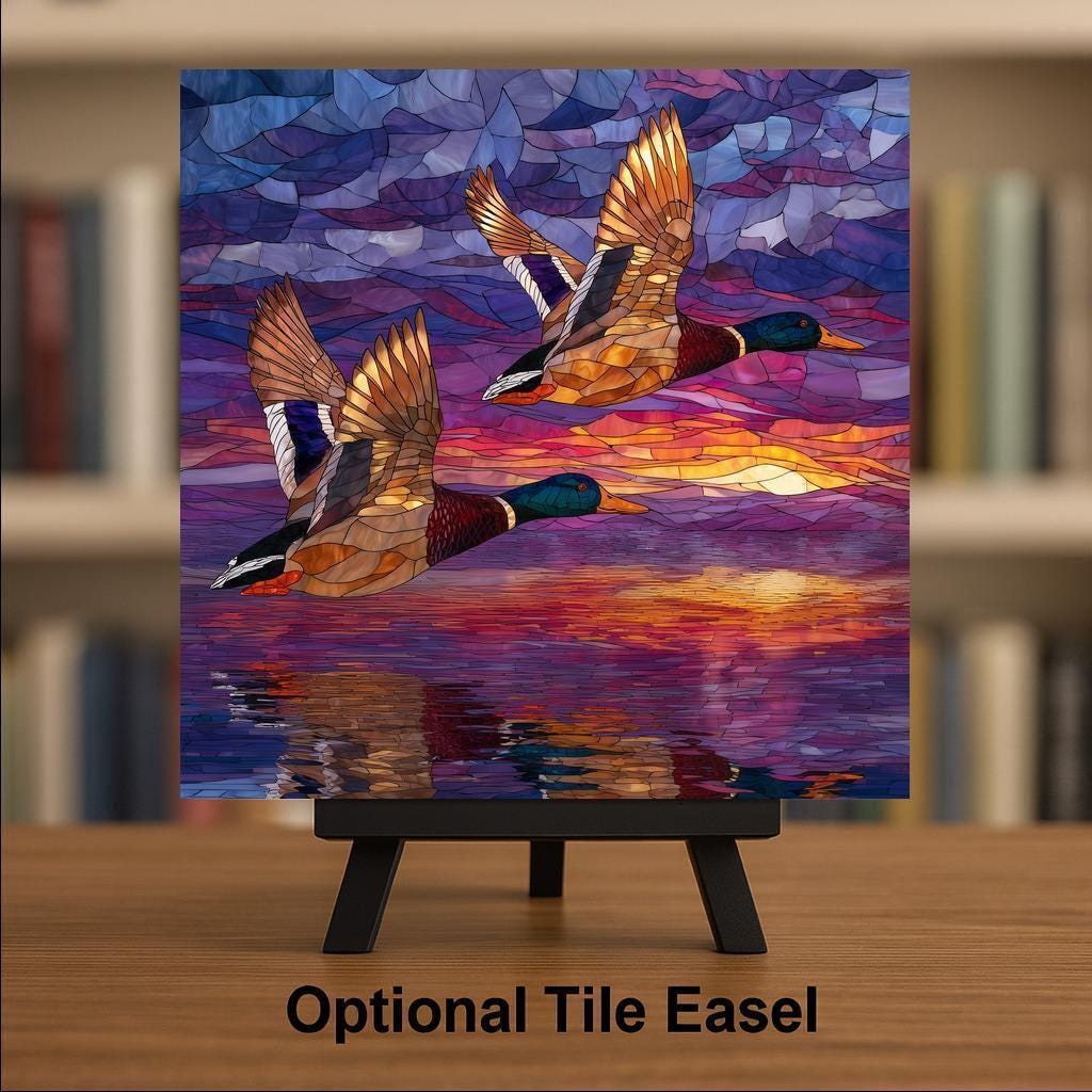Flying Ducks Wall Art Ceramic Tile Stained Glass Style Wildlife Gift Mallard Decor Birdwatcher Nature