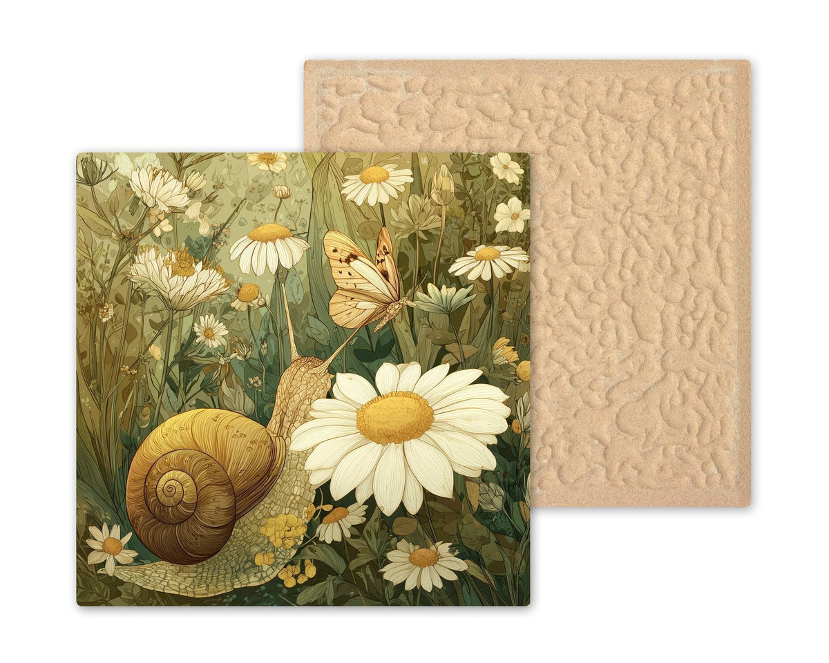 Snail and Daisy Ceramic Art Tile – Pressed Flower Sage Green Wall Decor, Cottagecore Botanical Accent