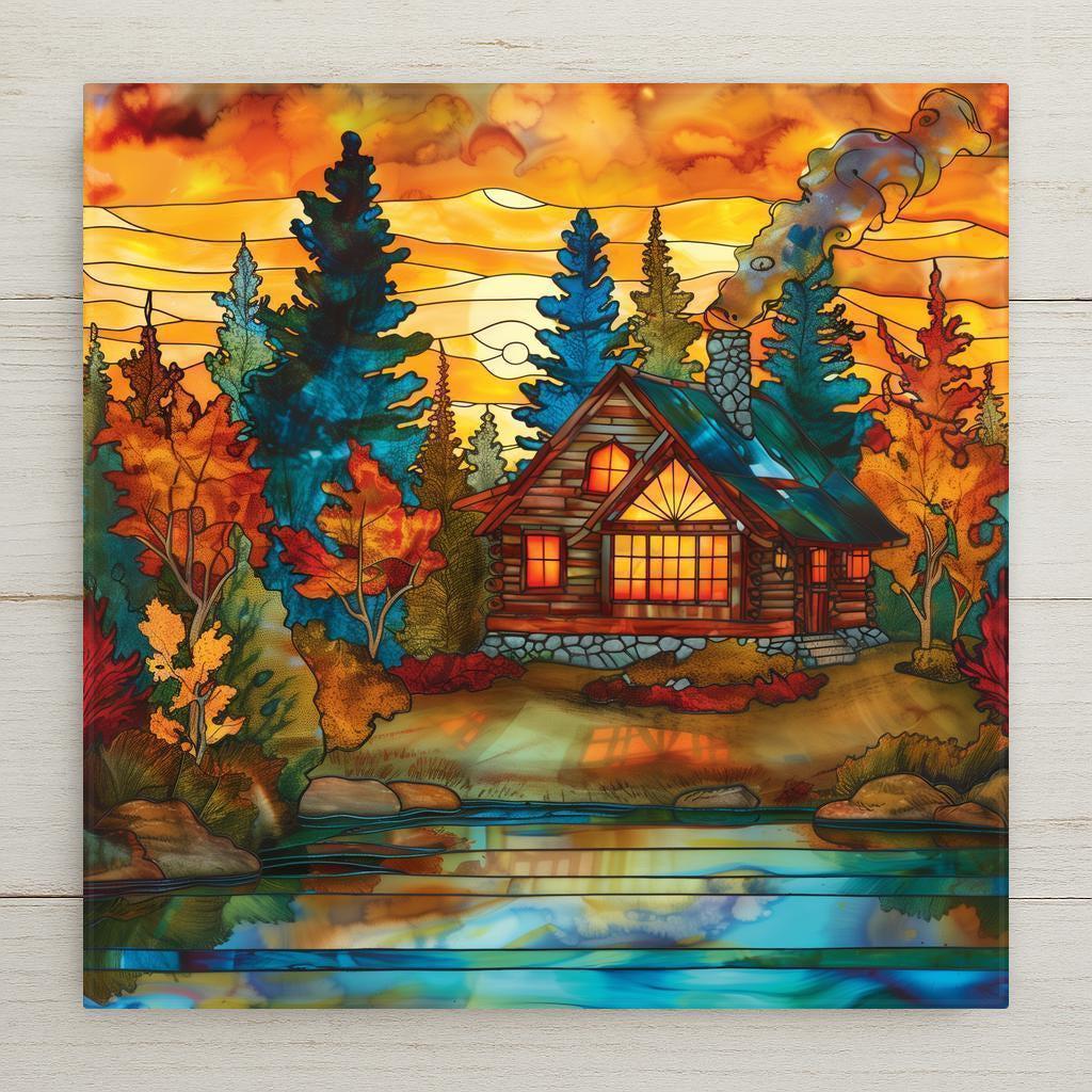 Stained glass–style ceramic tile wall art featuring a rustic cabin glowing with autumn colors beside a peaceful lake. While it may look like stained glass or mosaic, this is a permanent print on tile. Printed with premium inks for vivid, lasting color. Optional add-ons include a tile wall hanger for wall decor, easel tile stand, or cork backing. Perfect for seasonal wall art, rustic cabin décor, or thoughtful fall gifts.