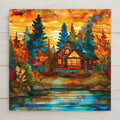 Stained glass–style ceramic tile wall art featuring a rustic cabin glowing with autumn colors beside a peaceful lake. While it may look like stained glass or mosaic, this is a permanent print on tile. Printed with premium inks for vivid, lasting color. Optional add-ons include a tile wall hanger for wall decor, easel tile stand, or cork backing. Perfect for seasonal wall art, rustic cabin décor, or thoughtful fall gifts.