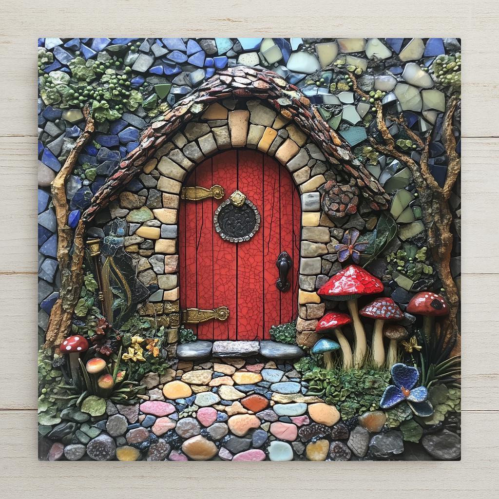 Whimsical mosaic fairy house tile art with a vibrant red door and magical cottagecore detail. Perfect fantasy wall art for any cozy space
