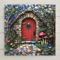 Whimsical mosaic fairy house tile art with a vibrant red door and magical cottagecore detail. Perfect fantasy wall art for any cozy space