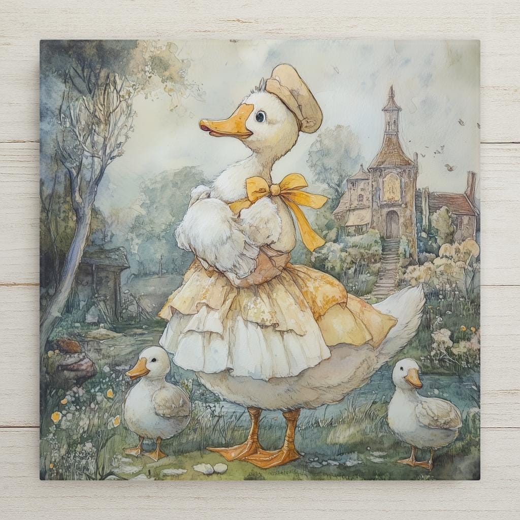 This charming Mother Goose tile shows a storybook duck and goslings in a cottage garden. Perfect for nurseries, gifts, and fairy tale lovers.