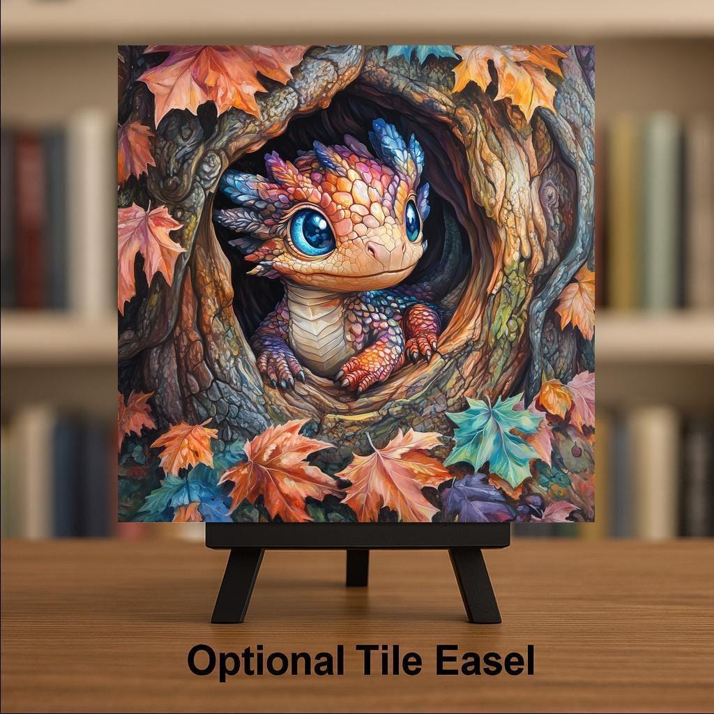 Baby Dragon Wall Art Ceramic Tile Autumn Fantasy Gift Cute Fall Decor Woodland Dragon Art Adorable Gift Tile