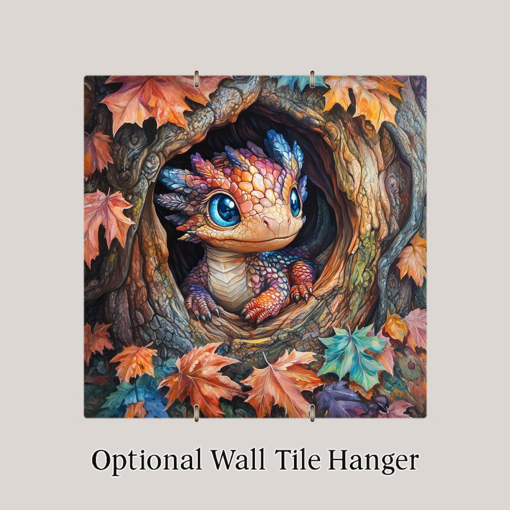 Baby Dragon Wall Art Ceramic Tile Autumn Fantasy Gift Cute Fall Decor Woodland Dragon Art Adorable Gift Tile